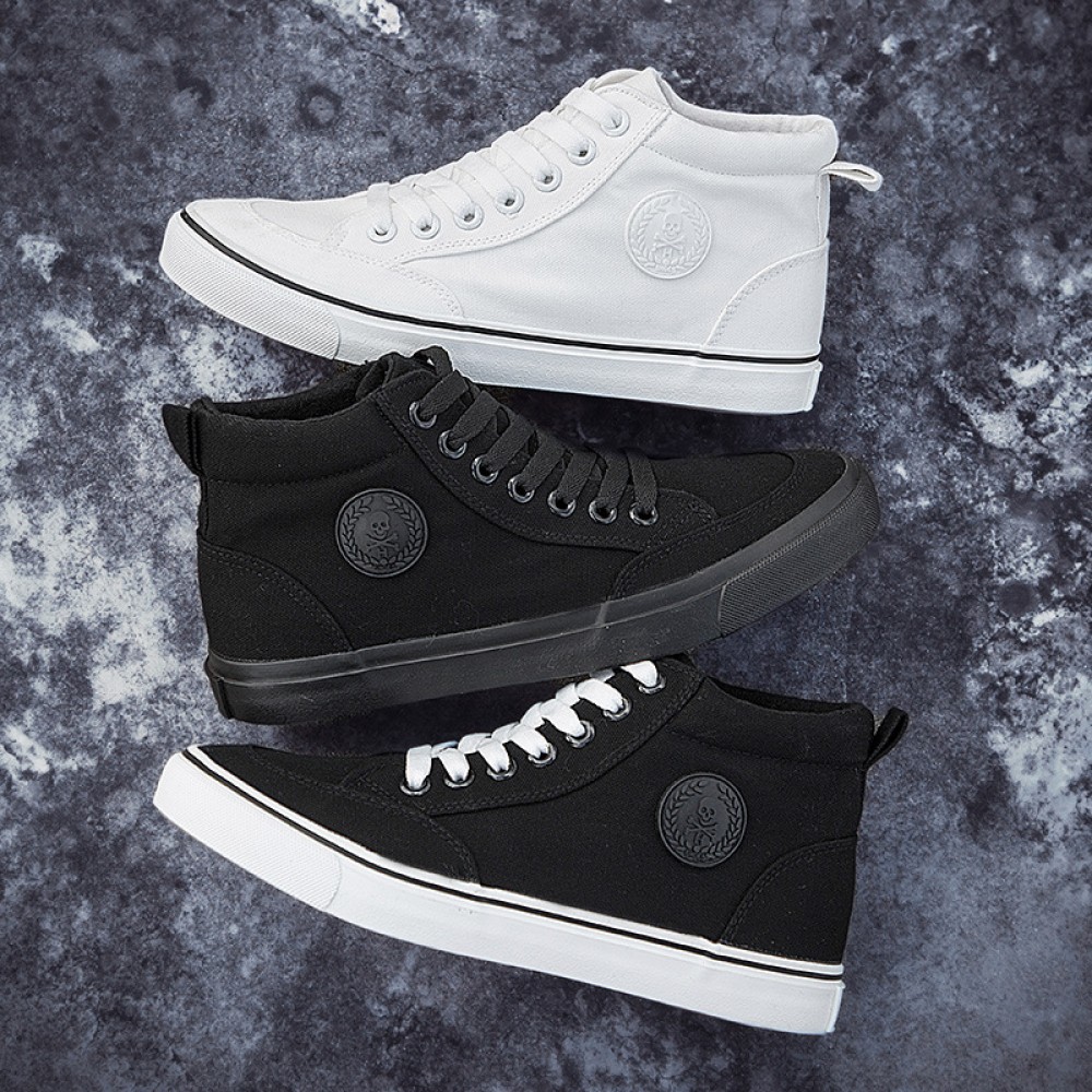 High-top cloth shoes, lazy shoes, lace-up casual shoes, trendy shoes, Korean style all-black basic skate shoes, flat shoes for male students